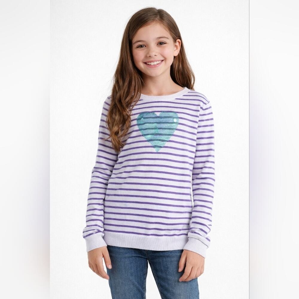 Crazy 8 Girls Purple Striped Pullover Sweater With Sequin Heart sz 10/12